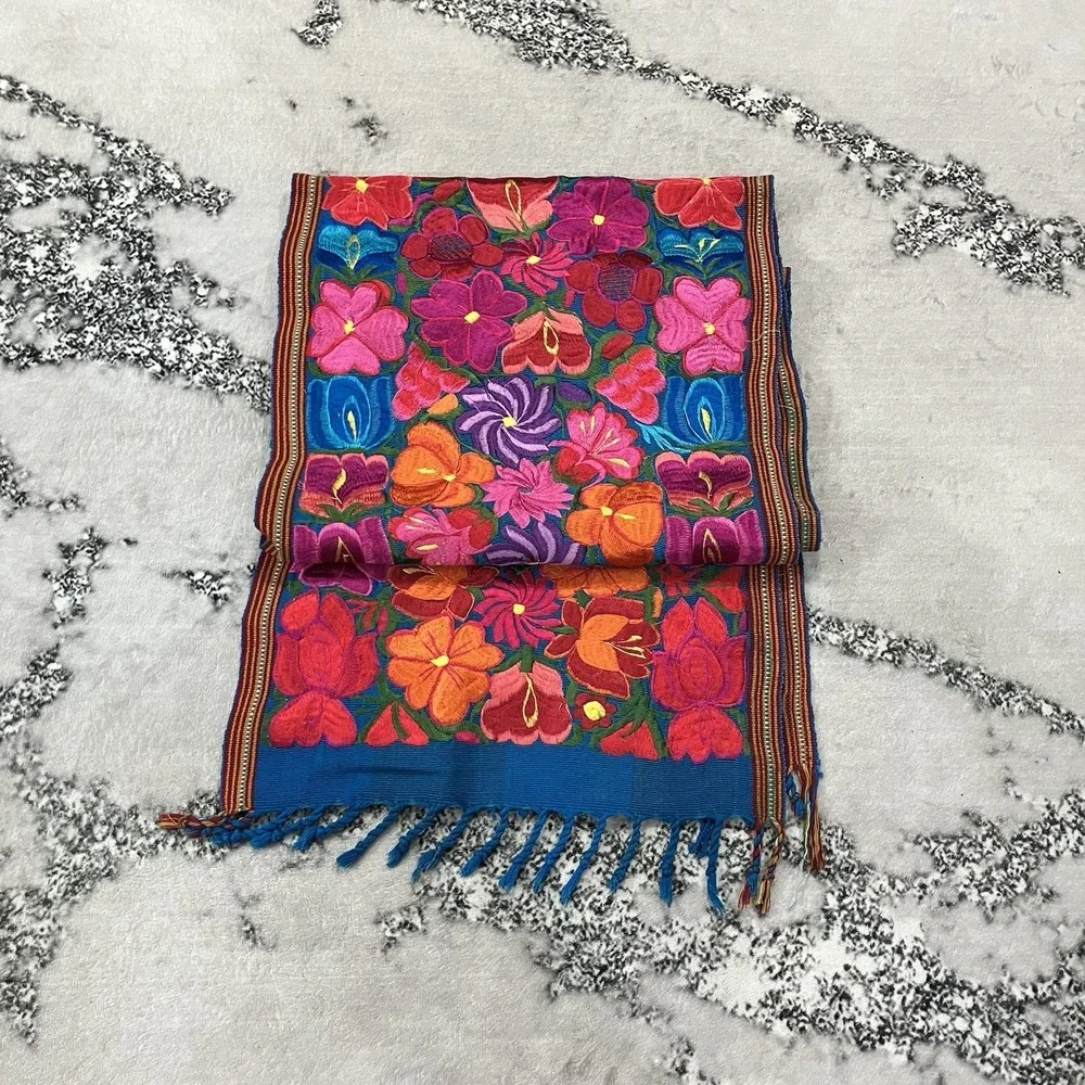 Vintage Embroidered Floral Table Runner Boho Guatemalan Style Textile 92 x 17